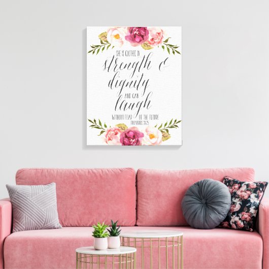 Ze is gekleed in kracht en waardigheid | Schrift Canvas Afdruk (Insitu (Woonkamer))