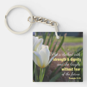 Ze is gekleed Spreuken 31:25 Witte Tulp Sleutelhanger