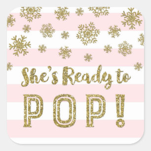 Ze is klaar om te Poppen Pink Stripes Gold Snow Vierkante Sticker