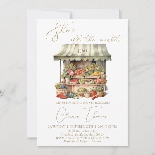 Ze is van de markt bruids douche uitnodiging (Voorkant)