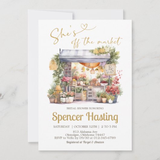 Ze is van de markt bruids douche uitnodiging (Voorkant)