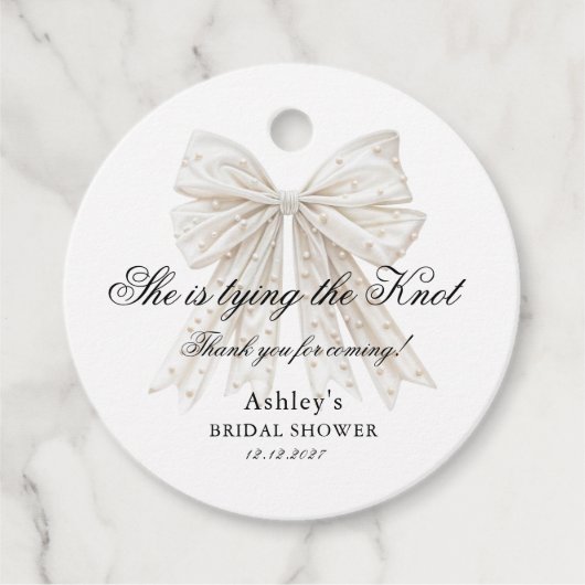 Ze Knoopt de Knoop Parels Boog Bruidsfeest Bedankjes Labels (Voorkant)