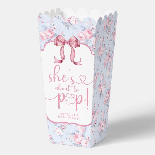 Ze staat op het punt om Pink Bow Baby shower Popco Bedankdoosjes (Voorkant)