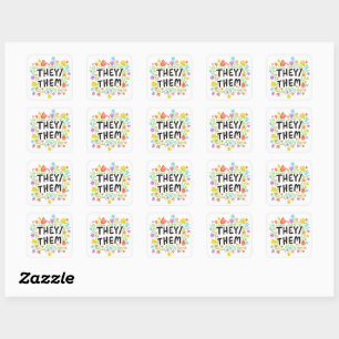 ZE /THEM Pronouns Floral Handlettering Set van Vierkante Sticker