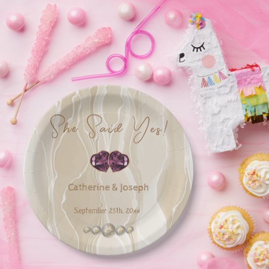 Ze zei ja, crème zijde & parels & harten papieren bordje (Feest)