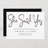 Ze zei ja eenvoudige minimalistische zwarte script save the date (Voorkant / Achterkant)