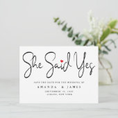 Ze zei ja eenvoudige minimalistische zwarte script save the date (Staand voorkant)