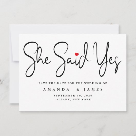 Ze zei ja eenvoudige minimalistische zwarte script save the date (Voorkant)