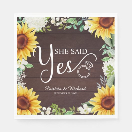 Ze zei ja Rustige Sunflower Engagement Party Servet (Voorkant)