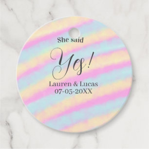 Ze zei ja verlovingsfeest roze blauw geel ste bedankjes labels