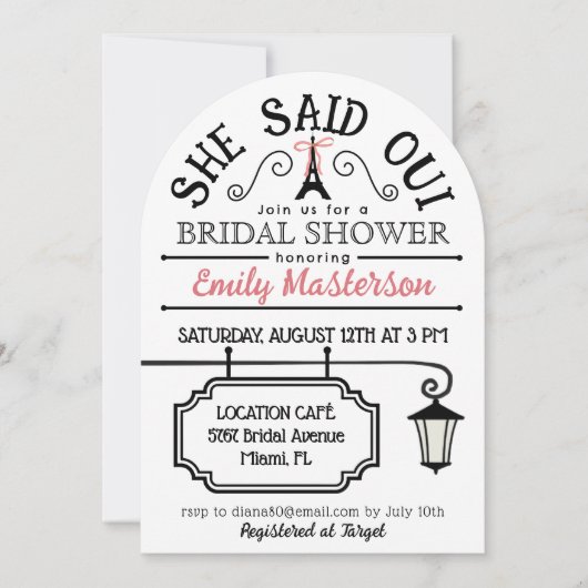 Ze zei Oui, Parijse bruidsdouche uitnodiging (Voorkant)