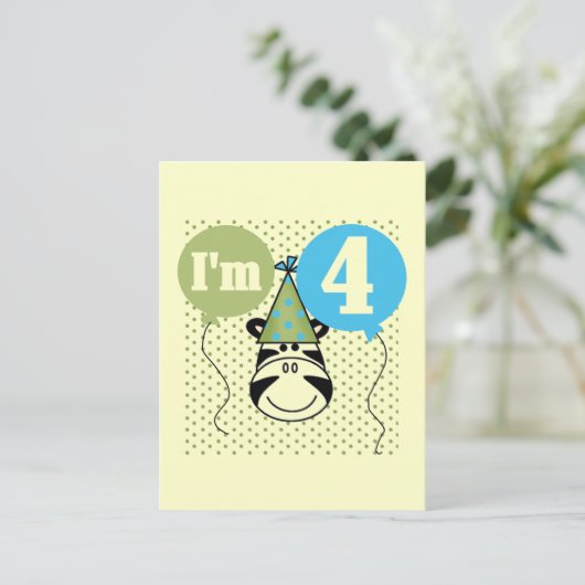 Zebra 4e verjaardag T-shirts en geschenken Briefkaart (Staand voorkant)