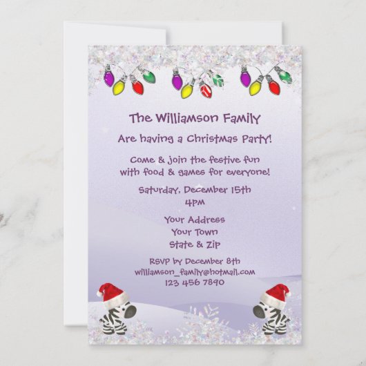 Zebra à Santa Hat, Invitation des lumières de la n (Dos)