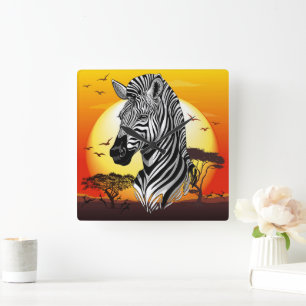 Zebra African Savanna Wild Animal Vierkante Klok