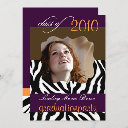Zebra Afstuderen Uitnodiging Foto/plum (Voorkant / Achterkant)