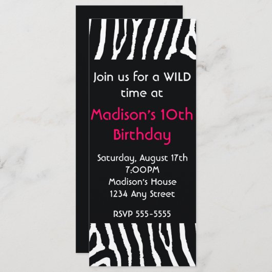 Zebra Animal Print Uitnodiging voor een lang verja (Voorkant / Achterkant)