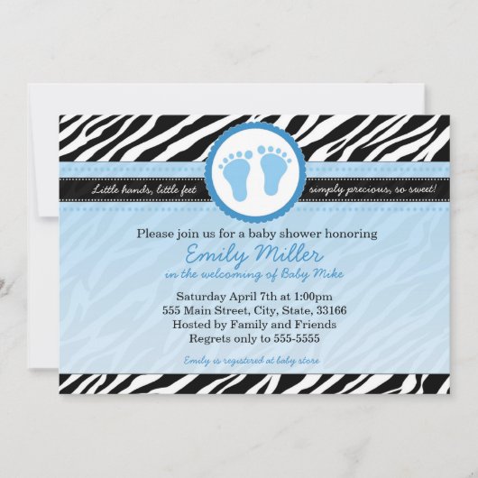 Zebra Baby Boy Shower Invitation Blue (Devant)