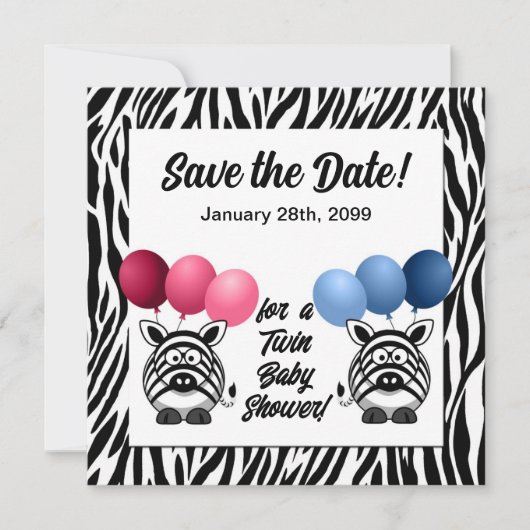 Zebra Baby shower voor frontale tweelingen Save The Date (Voorkant)
