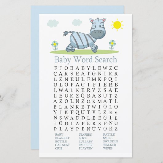 Zebra Baby shower Word Search Game (Voorkant / Achterkant)