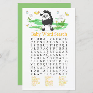 Zebra Baby shower Word Search Game