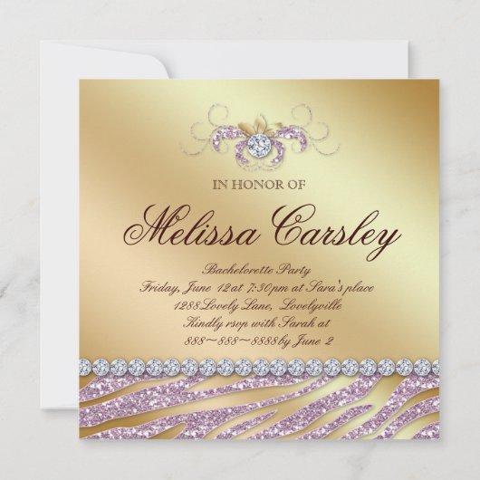 Zebra Bachelorette Party nodigt roze goudjuwelen u Kaart (Achterkant)