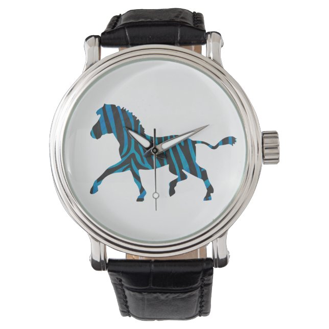 Zebra Black en Blue Silhouette Horloge (Voorkant)