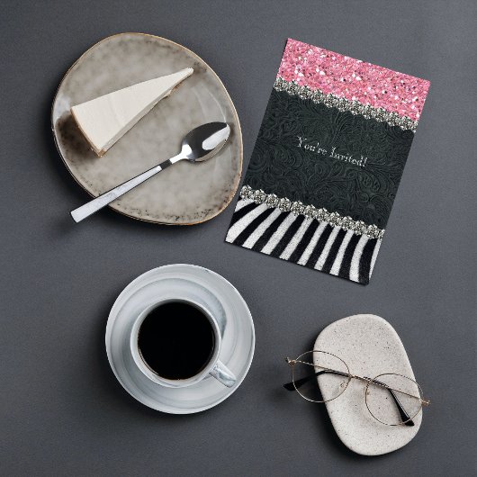 Zebra Black Pink Glitter Bridal Shower Kaart