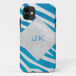 Zebra blauw en wit met monogram iPhone 11 hoesje