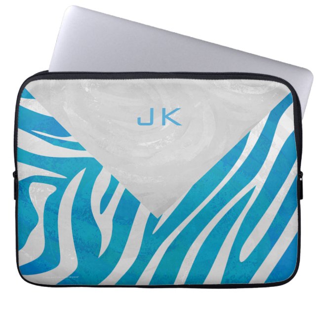 Zebra blauw en wit met monogram laptop sleeve (Voorkant)