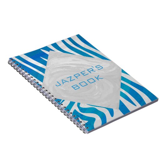 Zebra blauw en wit met monogram notitieboek (Rechterzijde)