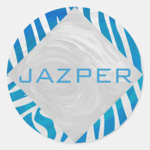 Zebra blauw en wit met monogram ronde sticker