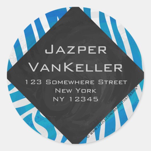 Zebra blauw en wit met monogram ronde sticker (Voorkant)
