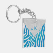 Zebra blauw en wit met monogram sleutelhanger (Voorkant Links)