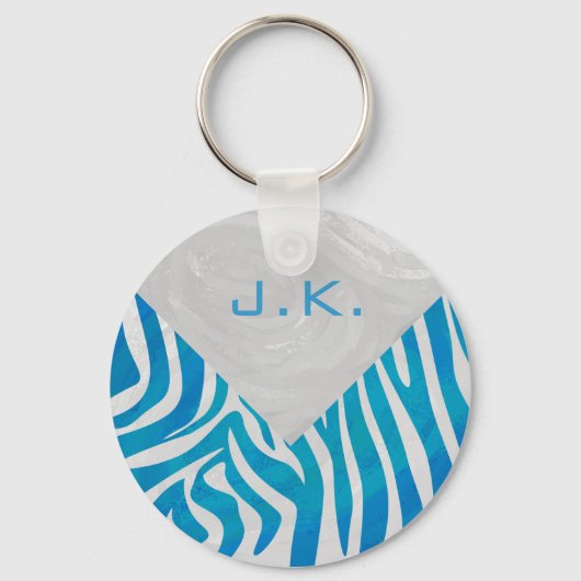 Zebra blauw en wit met monogram sleutelhanger (Voorkant)