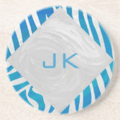 Zebra blauw en wit met monogram zandsteen onderzetter (Voorkant)