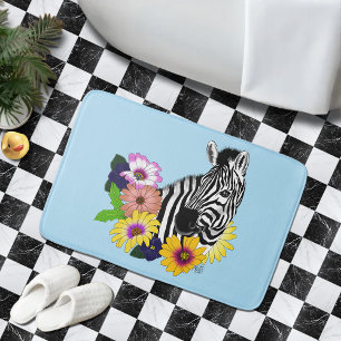 Zebra Blauw Kleurrijk Madeliefje Bloemendierentuin Badmat