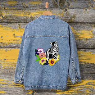 Zebra Blauw Kleurrijk Madeliefje Bloemendierentuin Denim Jacket
