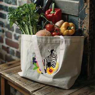 Zebra Blauw Kleurrijk Madeliefje Bloemendierentuin Grote Tote Bag