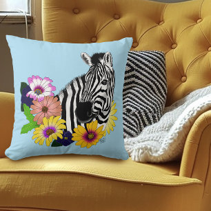 Zebra Blauw Kleurrijk Madeliefje Bloemendierentuin Kussen
