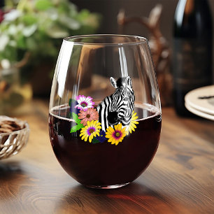 Zebra Blauw Kleurrijk Madeliefje Bloemendierentuin Wijnglas Zonder Voet