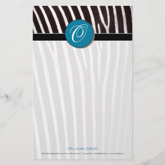 zebra; blauw monogram briefpapier (Voorkant)