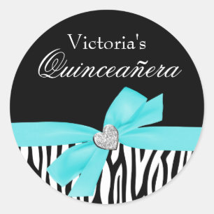 Zebra Blauwgroen Blauwe Boog Diamant Quinceanera Ronde Sticker