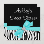Zebra Blauwgroen Blue Bow Diamond Sweet 16 Uitnodi Kaart (Voorkant / Achterkant)