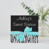 Zebra Blauwgroen Blue Bow Diamond Sweet 16 Uitnodi Kaart (Staand voorkant)