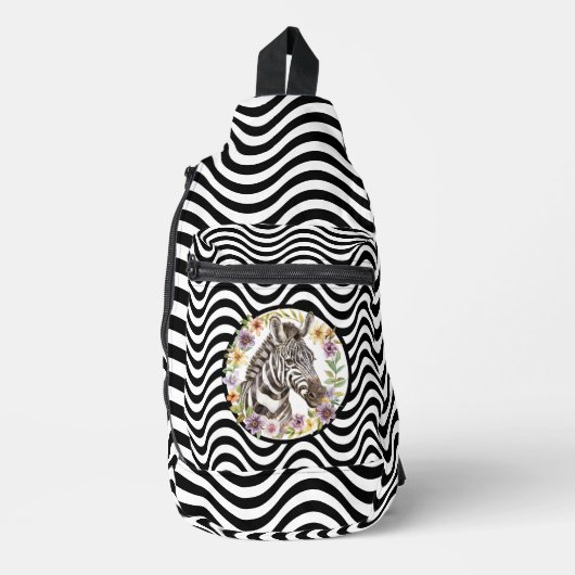 Zebra Bloemenkrans zwart wit golvende strepen Sling Bag (Voorkant)