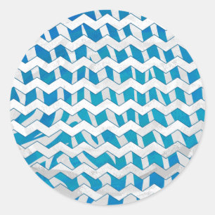 Zebra Blue en White Chevron Ronde Sticker