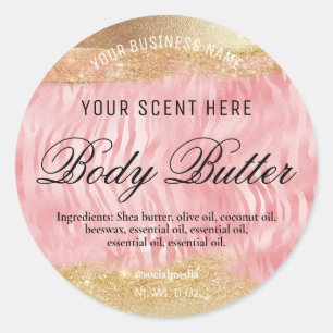 Zebra body boterlabels in roze en goud ronde sticker