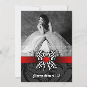 Zebra Bow Sweet 16 Carte photo Invitation Red