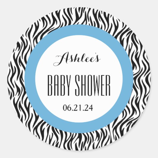 ZEBRA Boy Baby shower Naam Datum V04 BLUE BLACK Ronde Sticker (Voorkant)