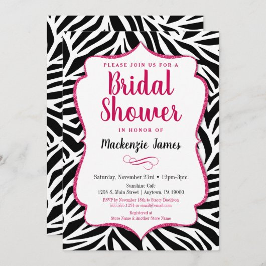 Zebra Bridal Shower Uitnodiging Roze Zwart wit (Voorkant / Achterkant)